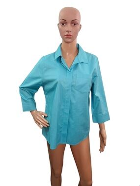 Chicos Women’s Size 4-6 No Iron Hidden Button Up 3/4 Sleeve Shirt Blue